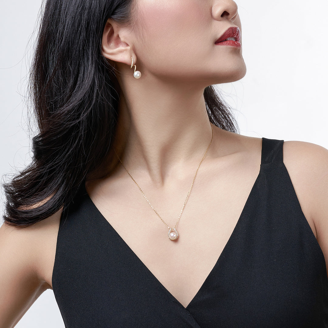 18K Solid Gold Diamond Hanadama Akoya Pearl Necklace KN00201 - PEARLY LUSTRE