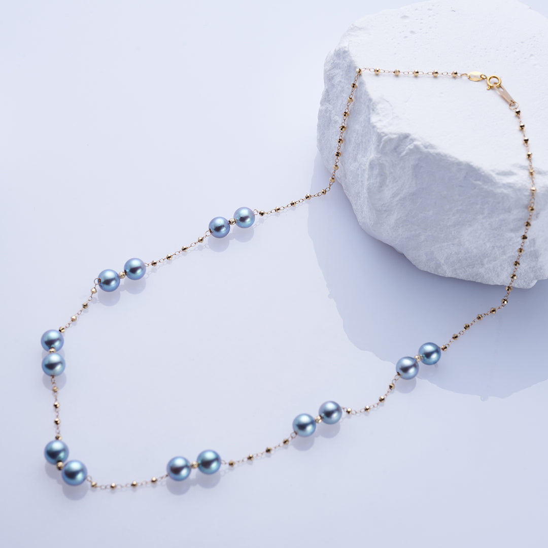 Collier de perles Akoya bleues en or massif 18 carats et argent KN00243