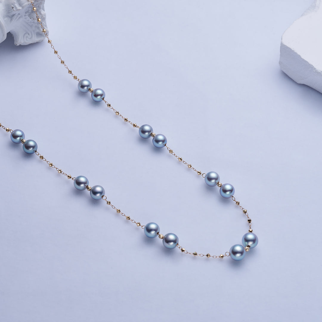 18k Solid Gold Silver Blue Akoya Pearl Necklace KN00243