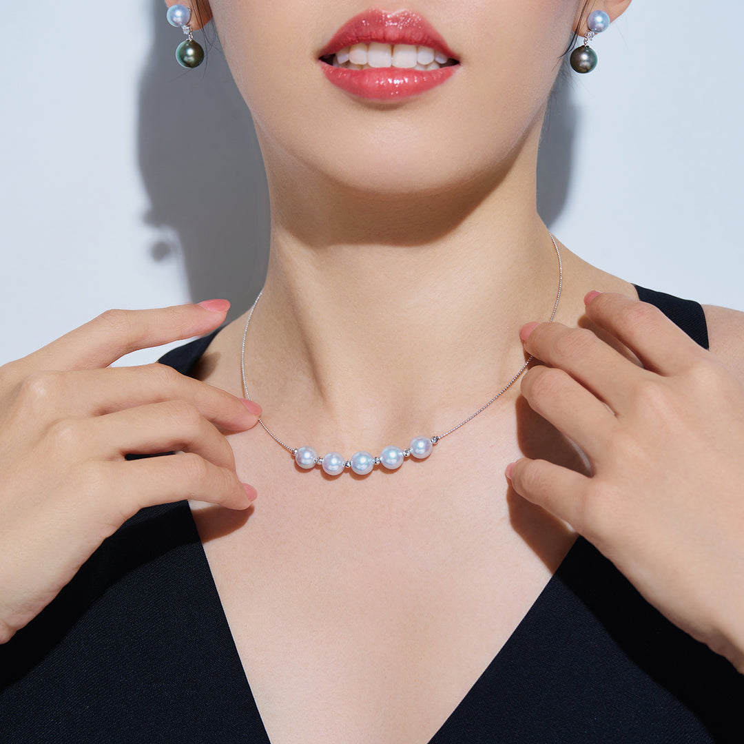 18k Solid Gold Silver Blue Akoya Pearl Necklace KN00310