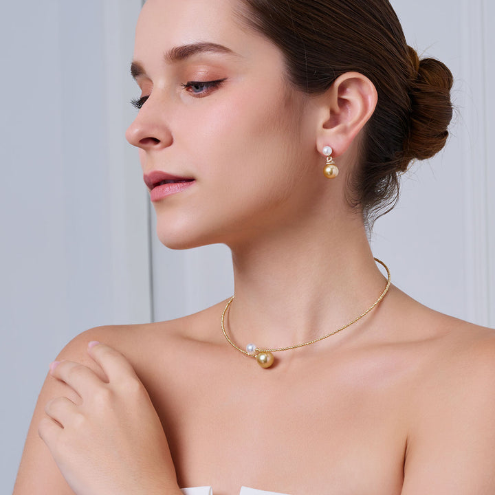 18K ソリッド ゴールド 南洋ゴールデンとアコヤ白蝶真珠のイヤリング KE00155 | 調和