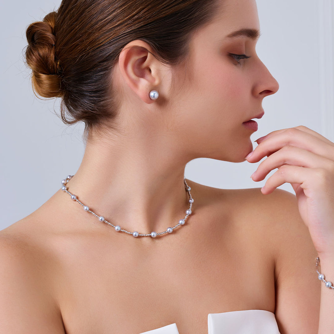 18k纯金银蓝色Akoya珍珠项链 KN00372