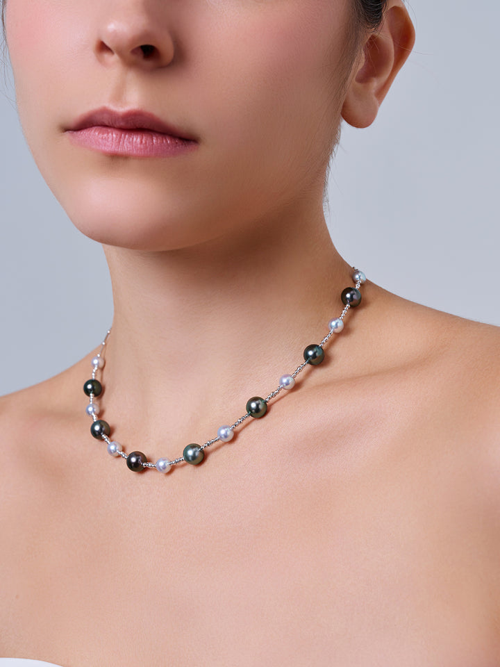 18k Solid Gold Silver Blue Akoya and Tahitian Pearl Necklace KN00374 | HARMONY