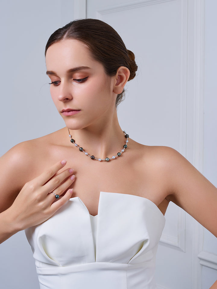18k Solid Gold Silver Blue Akoya and Tahitian Pearl Necklace KN00374 | HARMONY