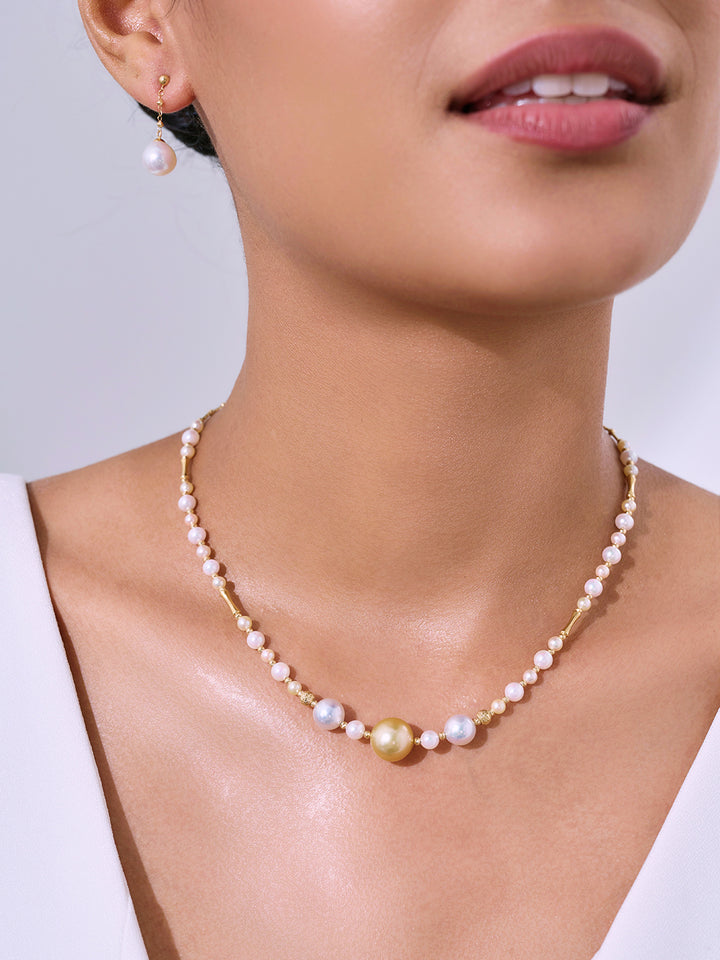 Rantai Leher Mutiara Emas 18k Solid Akoya dan Lautan Selatan Emas KN00376 | HARMONI