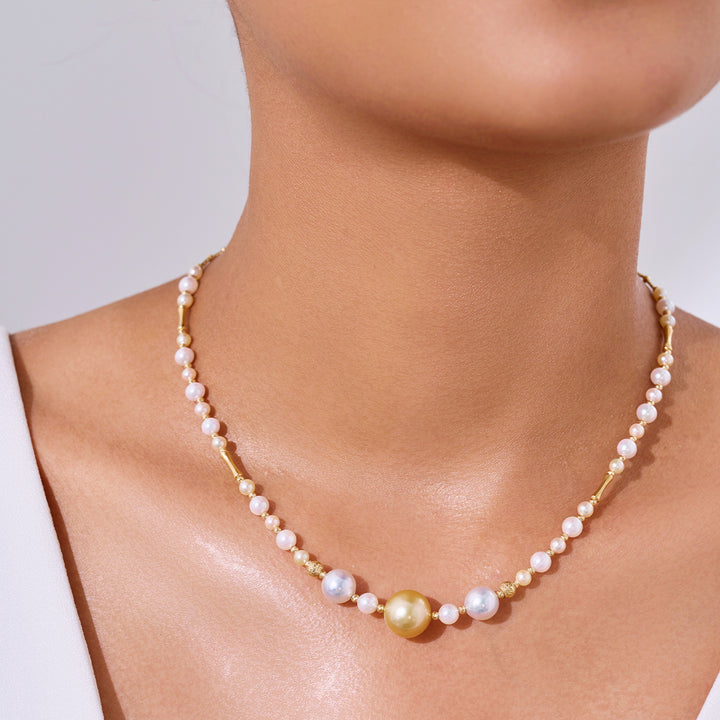 Collar de perlas Akoya y perlas doradas del Mar del Sur de oro macizo de 18k KN00376 | HARMONY