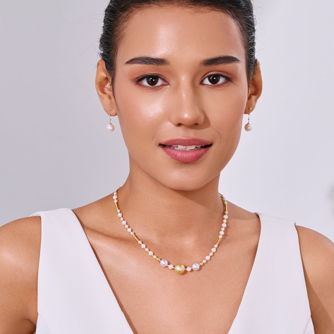 Collar de perlas Akoya y perlas doradas del Mar del Sur de oro macizo de 18k KN00376 | HARMONY