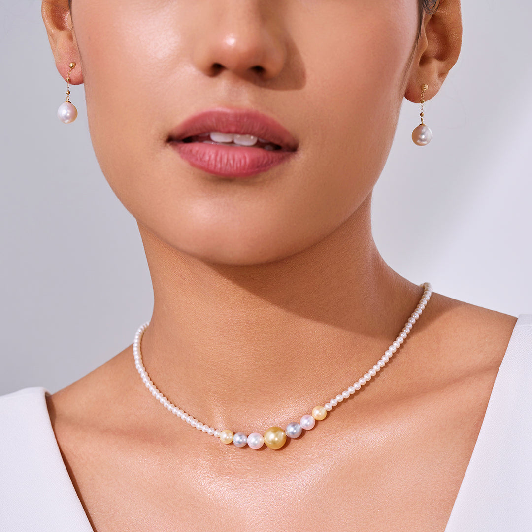 Collier en or massif 18 carats avec perles Akoya et perles dorées de la mer du Sud KN00377 | HARMONY
