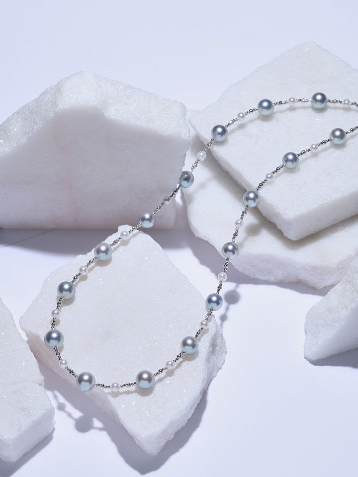 Top Lustre 18K Solid Gold Silver Blue Akoya Pearl Necklace KN00427 |HARMONY