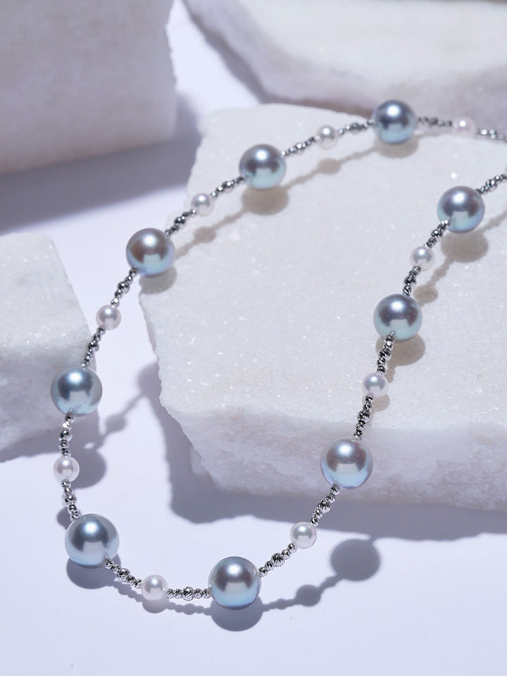 Top Lustre 18K Solid Gold Silver Blue Akoya Pearl Necklace KN00427 |HARMONY