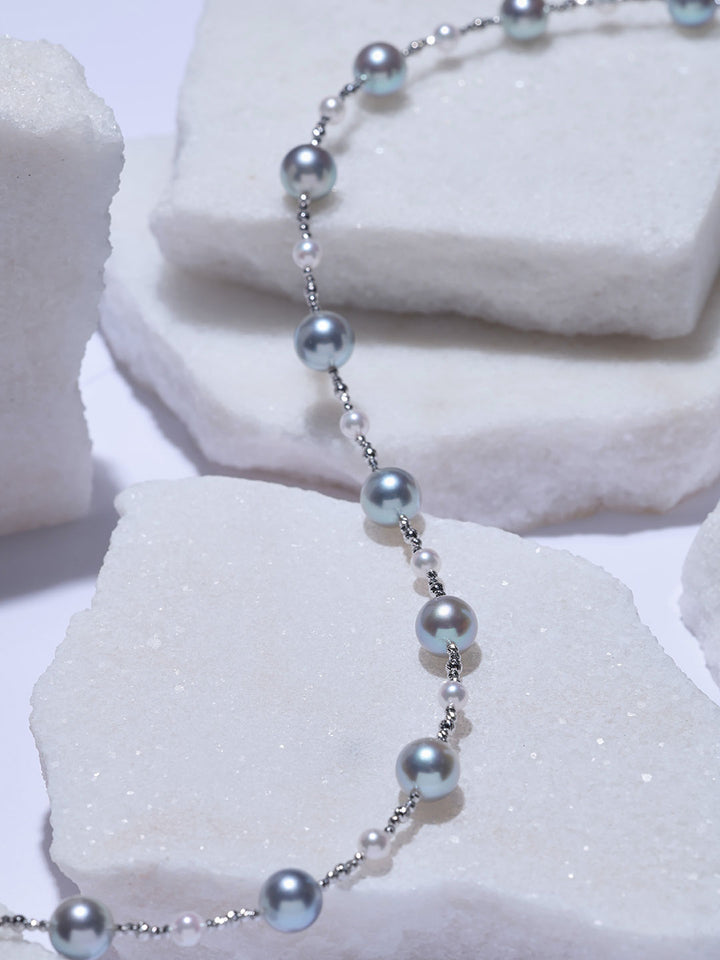 Top Lustre 18K Solid Gold Silver Blue Akoya Pearl Necklace KN00427 |HARMONY