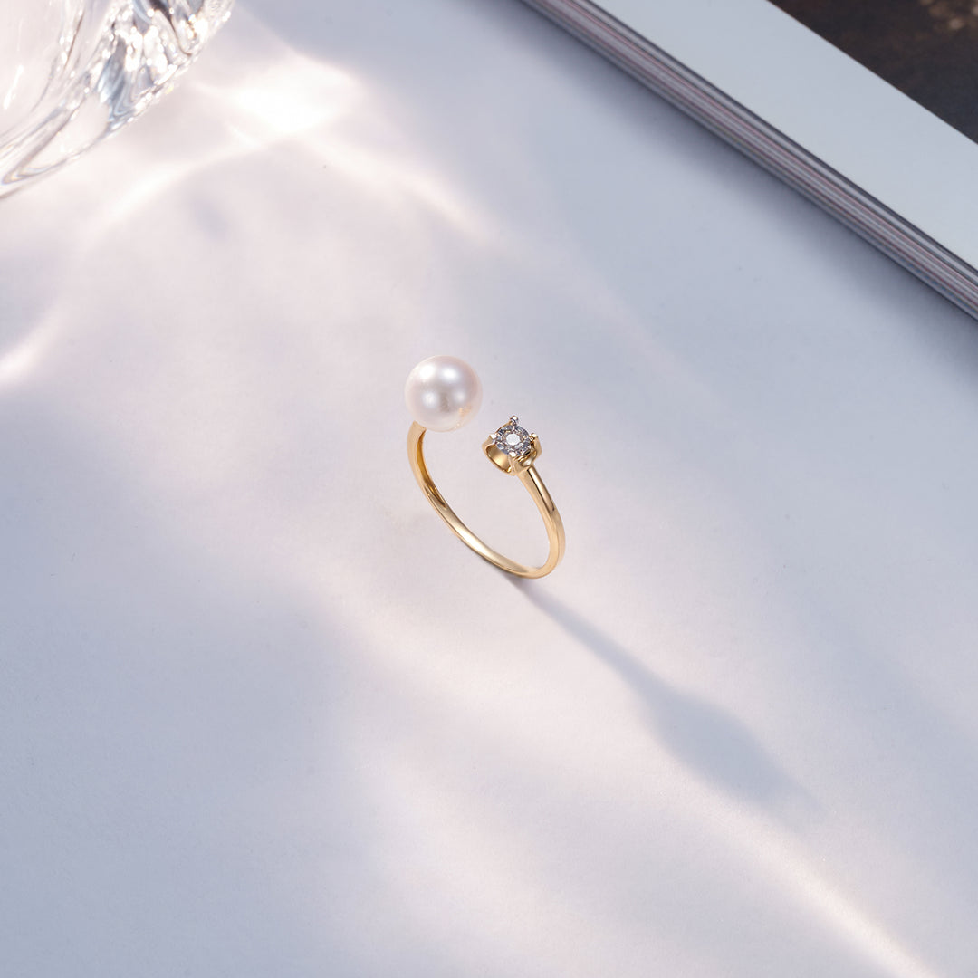 18k Solid Gold Diamond Akoya Hanadama Pearl Ring KR00002 - PEARLY LUSTRE