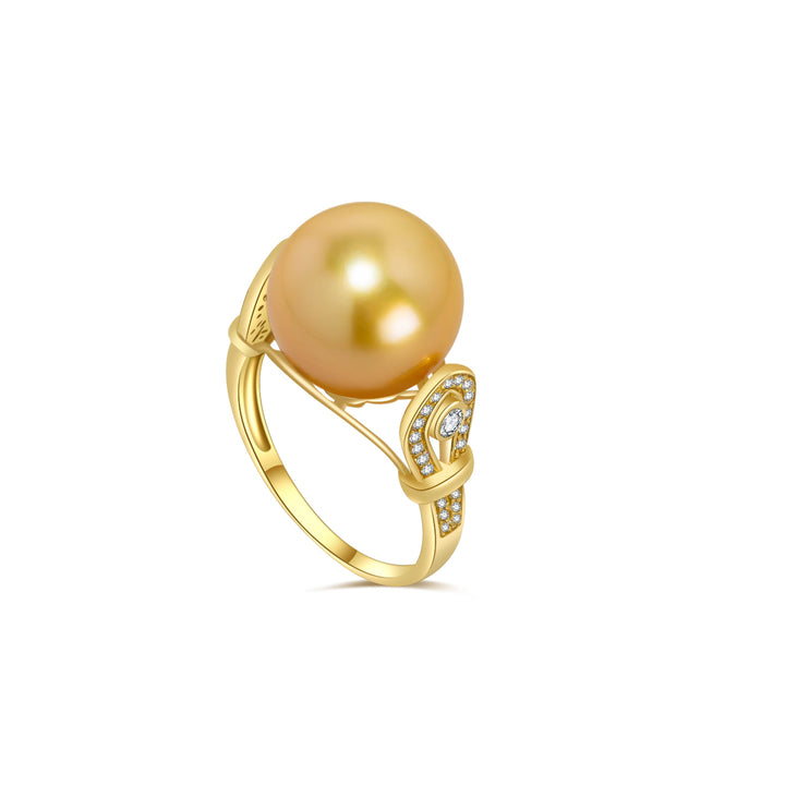 Anillo de perlas doradas del Mar del Sur de oro macizo de 18 quilates KR00013