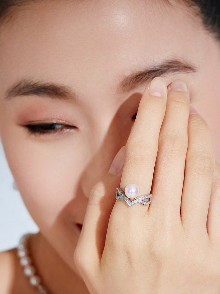 Anillo de perlas Akoya Hanadama de diamantes en oro macizo de 18 quilates KR00042 | Deseo
