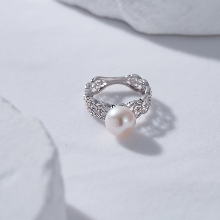 Elegant 18K Solid Gold Diamond Freshwater Pearl Ring KR00047 - PEARLY LUSTRE