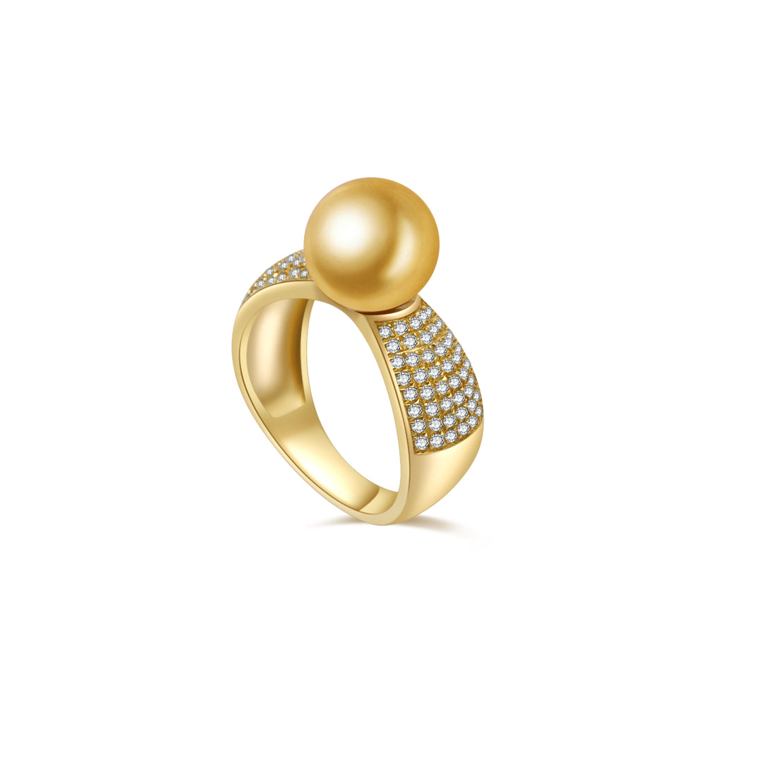 18K Solid Gold Diamond South Sea Golden Pearl Ring KR00048 - PEARLY LUSTRE