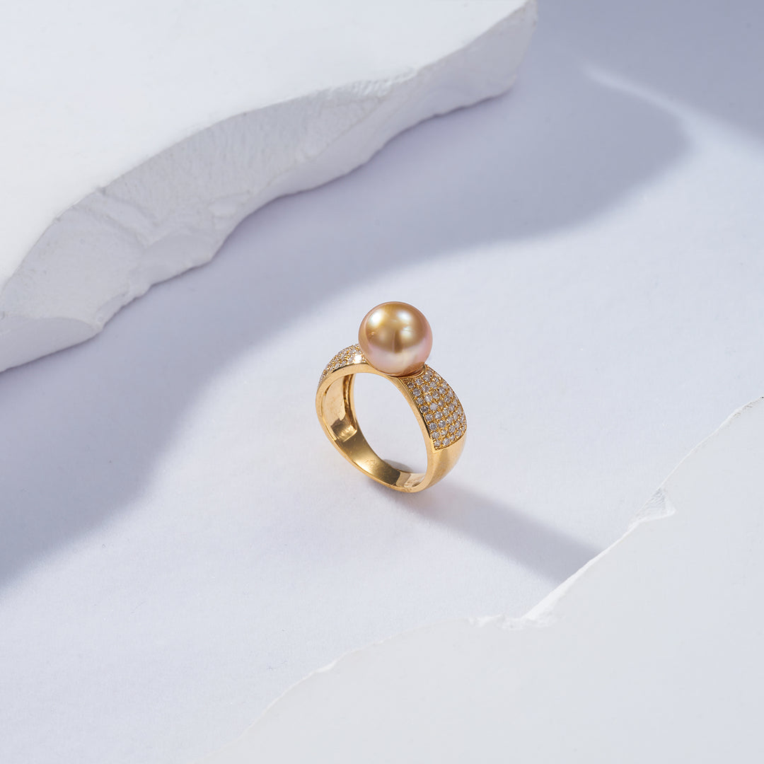 18K Solid Gold Diamond South Sea Golden Pearl Ring KR00048 - PEARLY LUSTRE