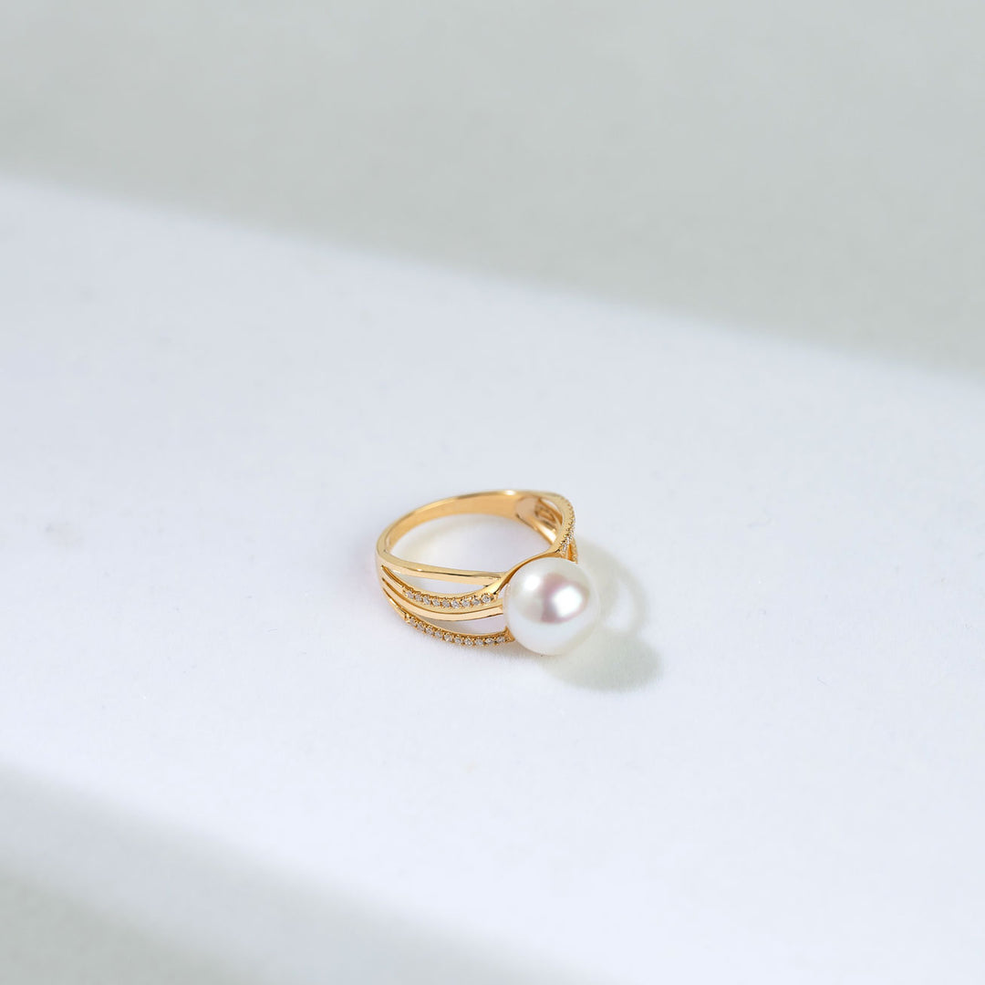 18K Diamond Freshwater Pearl Ring KR00051 | Si Dian Jin - PEARLY LUSTRE