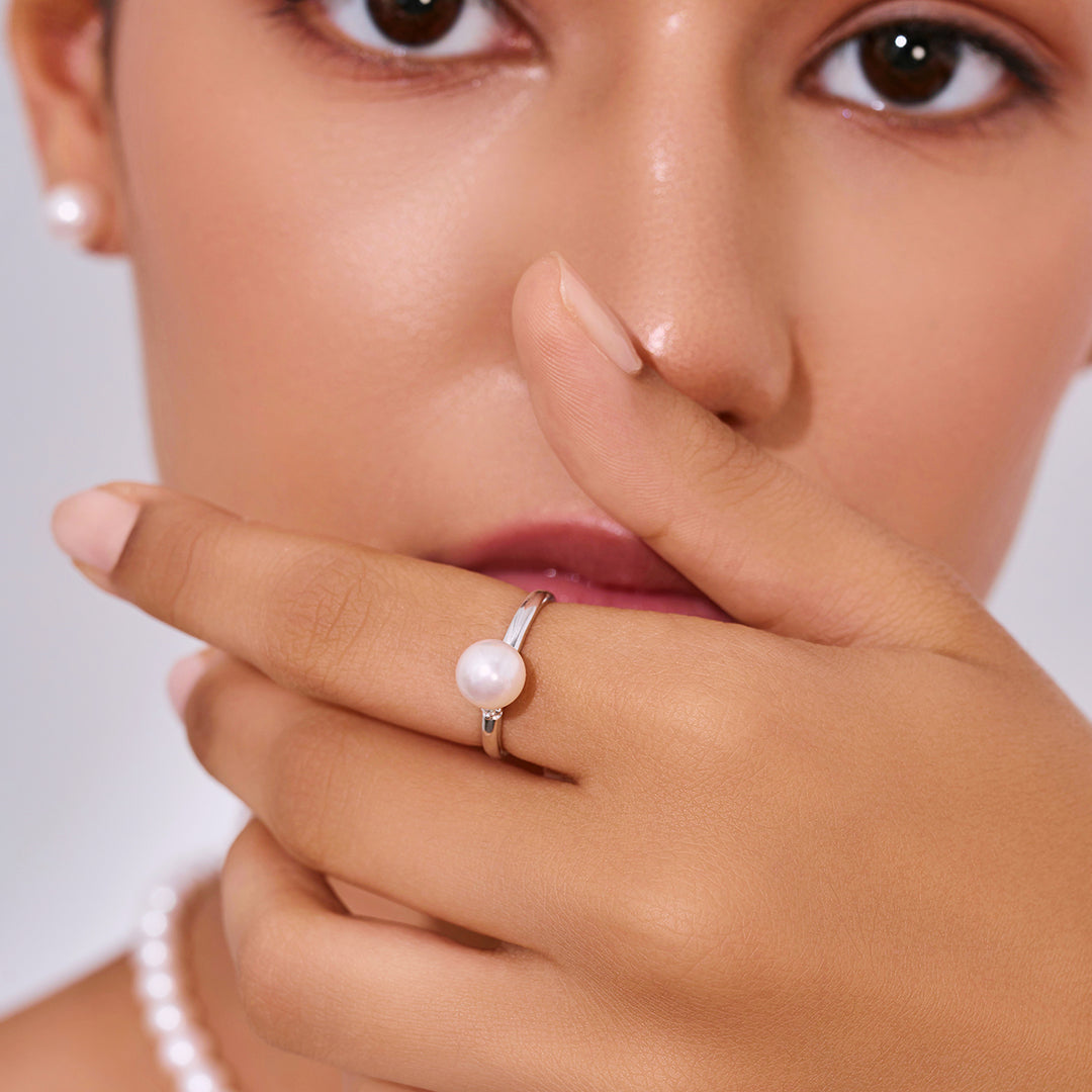 خاتم لؤلؤ أكويا هاناداما ألماس 18 قيراط KR00054