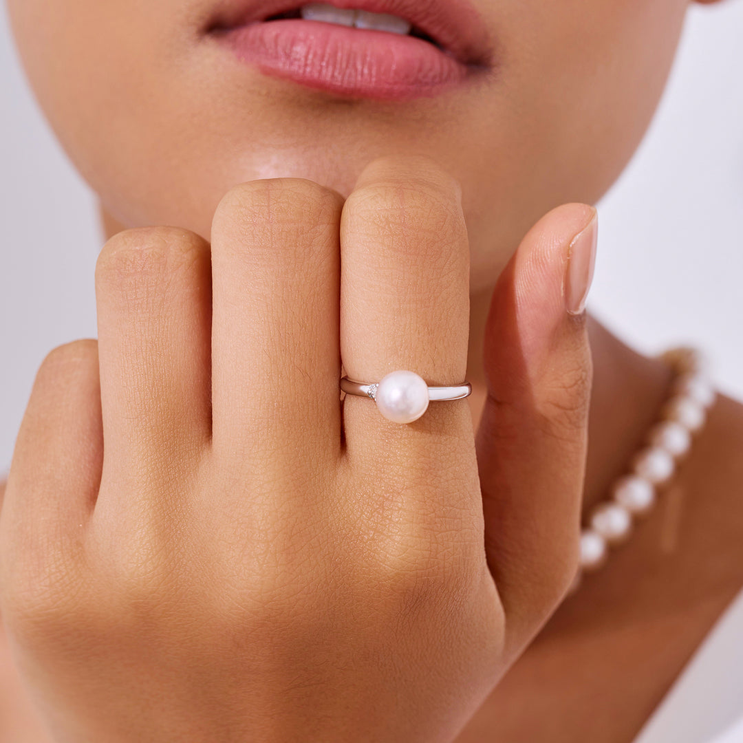 خاتم لؤلؤ أكويا هاناداما ألماس 18 قيراط KR00054