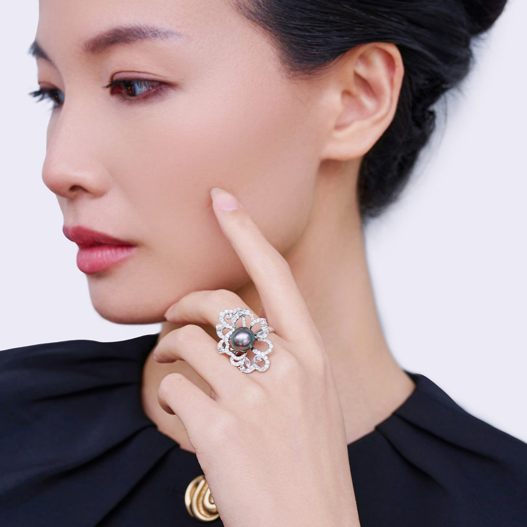 Cincin Mutiara Tahitian 18K Berlian KR00060