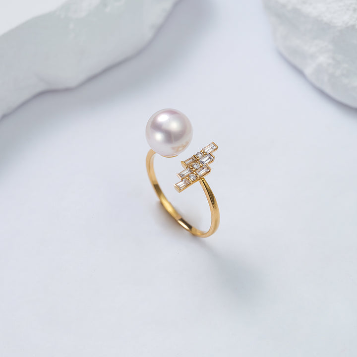 18K Solid Gold Diamond Akoya Hanadama Pearl Ring KR00077 - PEARLY LUSTRE