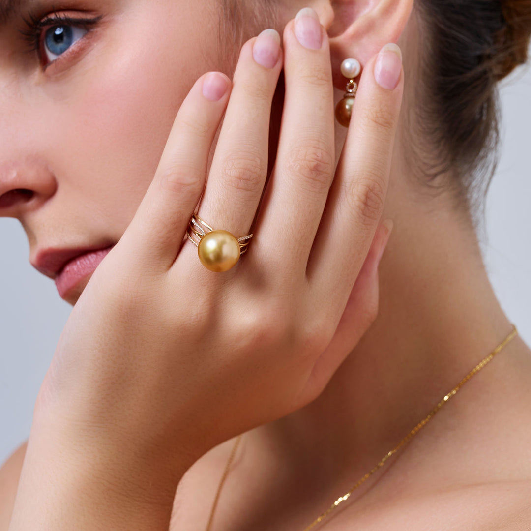 18K Solid Gold South sea Golden Pearl Ring KR00090