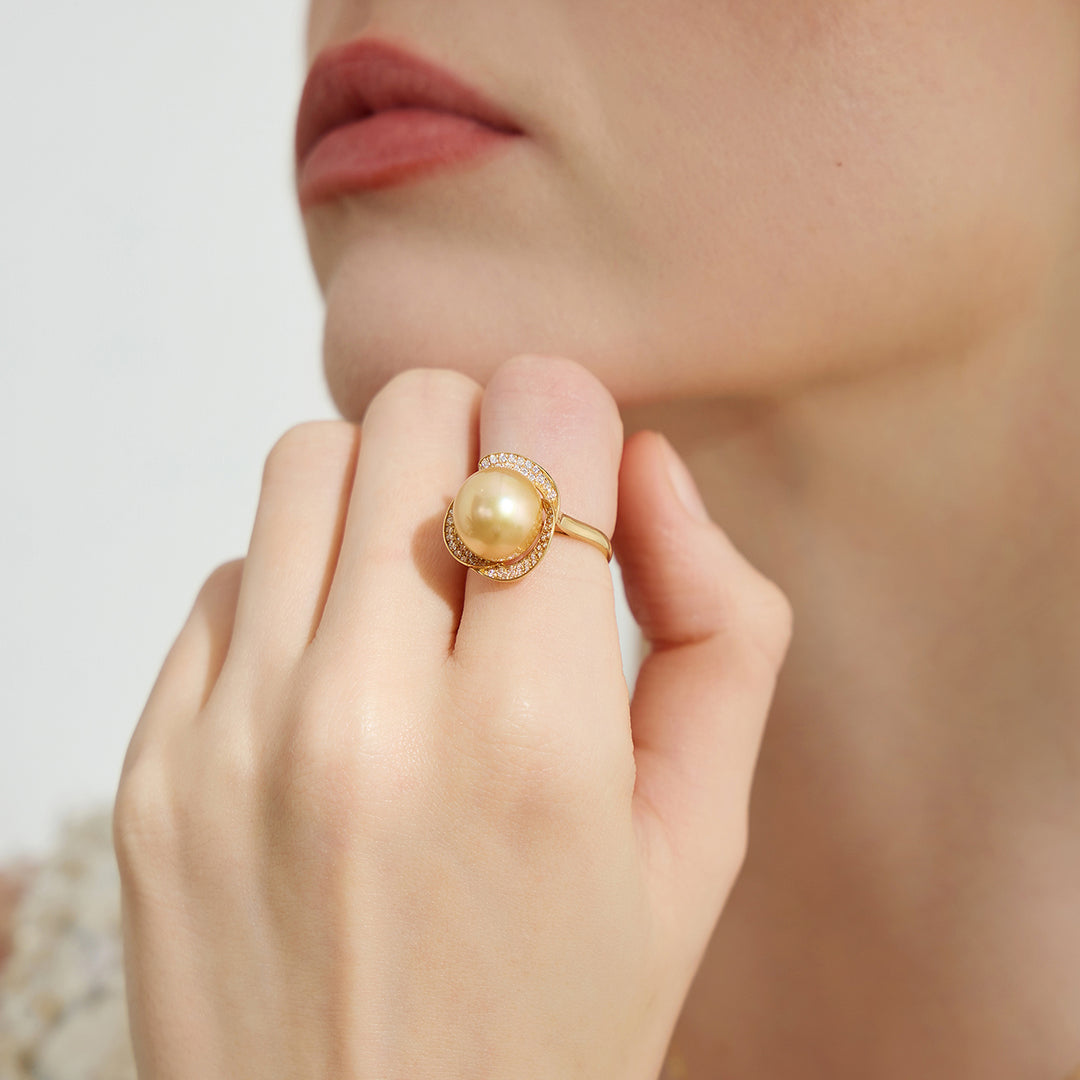 18K Solid Gold South Sea Golden Pearl Ring KR00091