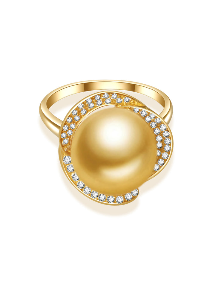 Anillo de perlas doradas del Mar del Sur de oro macizo de 18 quilates KR00091