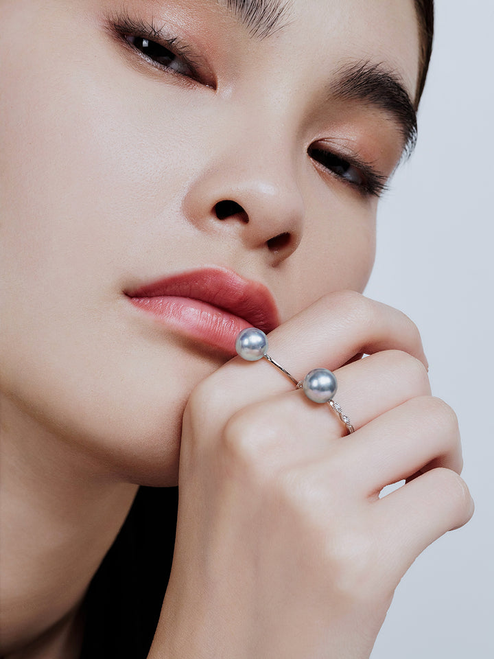 18K Gold Silver Blue Akoya Pearl Ring KR00105
