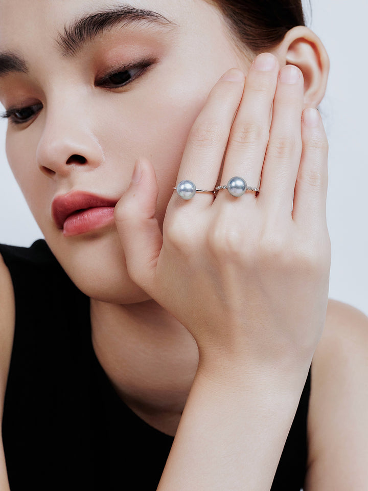 18K Gold Silver Blue Akoya Pearl Ring KR00105