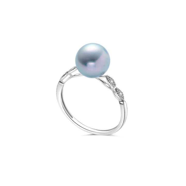 18K Gold Silver Blue Akoya Pearl Diamond Ring KR00106