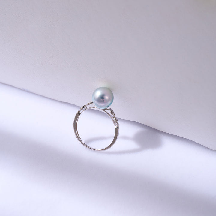 Cincin Berlian Mutiara Akoya 18K Emas Perak Biru KR00106