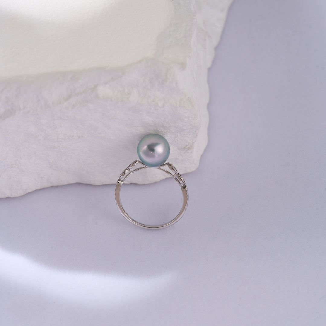 18K Gold Silver Blue Akoya Pearl Diamond Ring KR00106