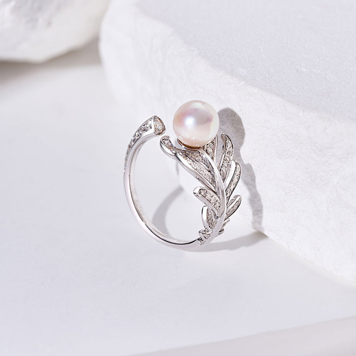 18K Solid Gold Diamond Akoya Hanadama Pearl Ring KR00112 | FEATHER - PEARLY LUSTRE