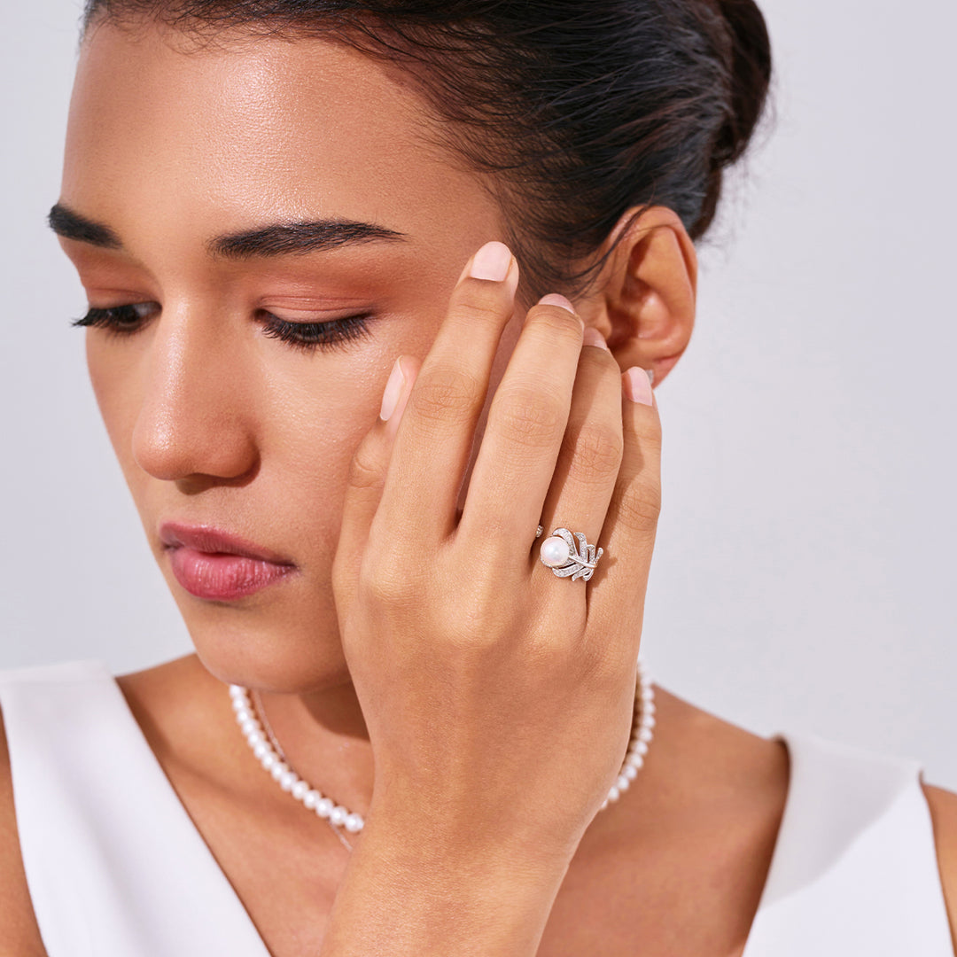 Bague en perle Akoya Hanadama en diamant en or massif 18 carats KR00112 | FEATHER