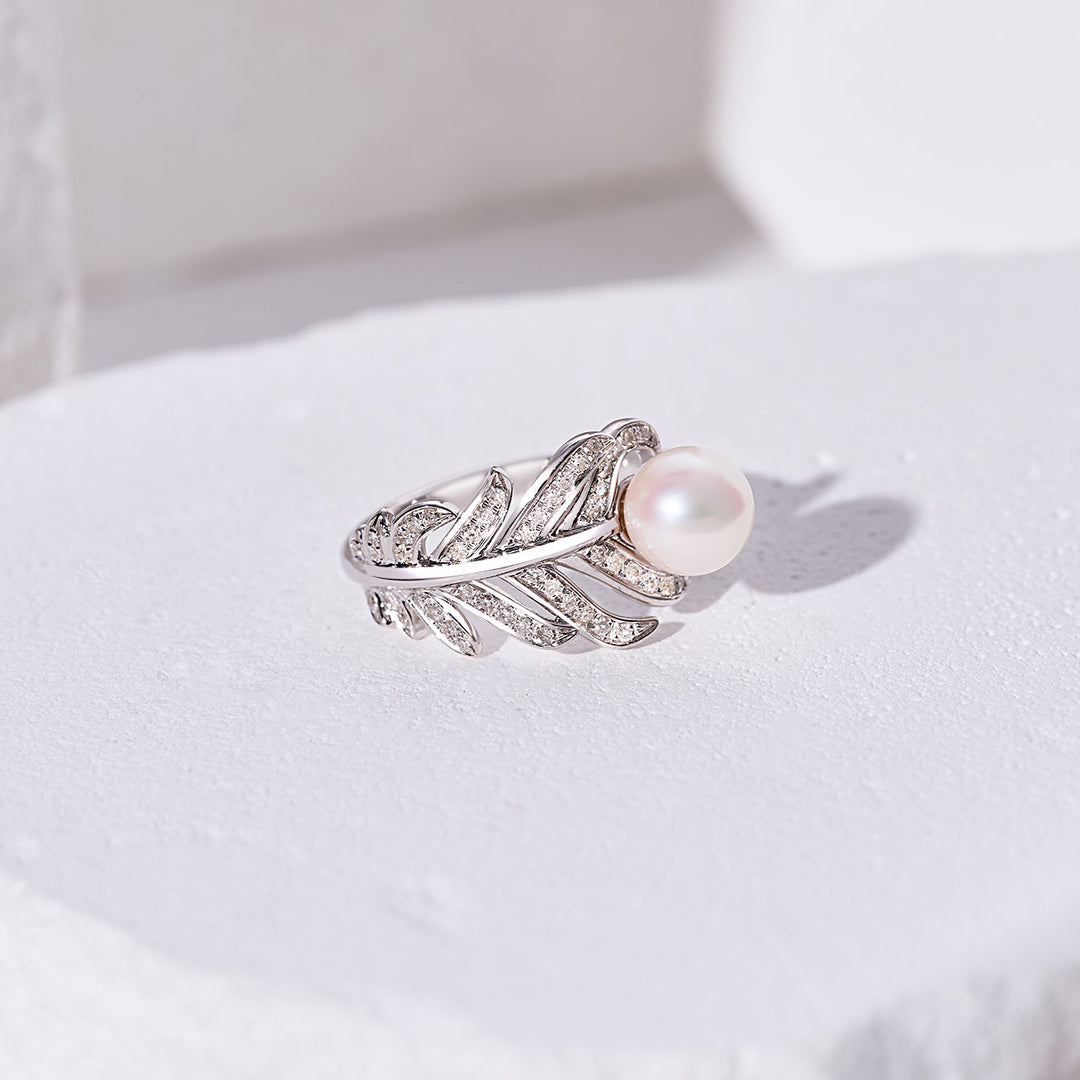 18K Solid Gold Diamond Akoya Hanadama Pearl Ring KR00112 | FEATHER - PEARLY LUSTRE