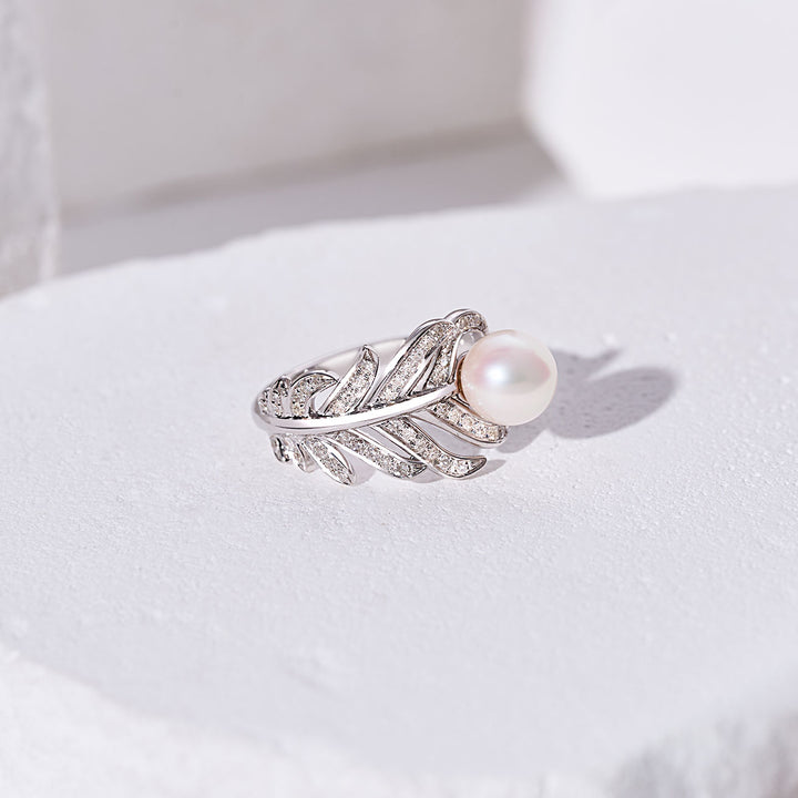 18K Solid Gold Diamond Akoya Hanadama Pearl Ring KR00112 | FEATHER - PEARLY LUSTRE