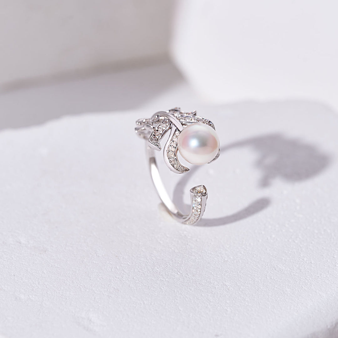18K Solid Gold Diamond Akoya Hanadama Pearl Ring KR00112 | FEATHER - PEARLY LUSTRE