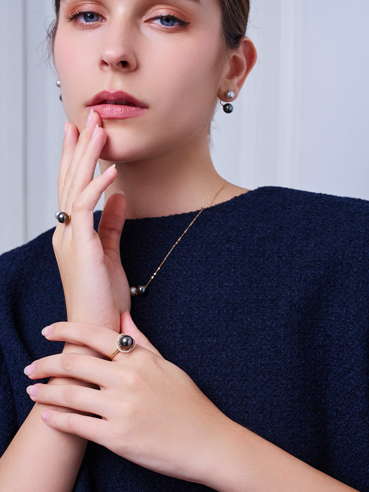 18K Solid Gold Tahitian Pearl Ring KR00144