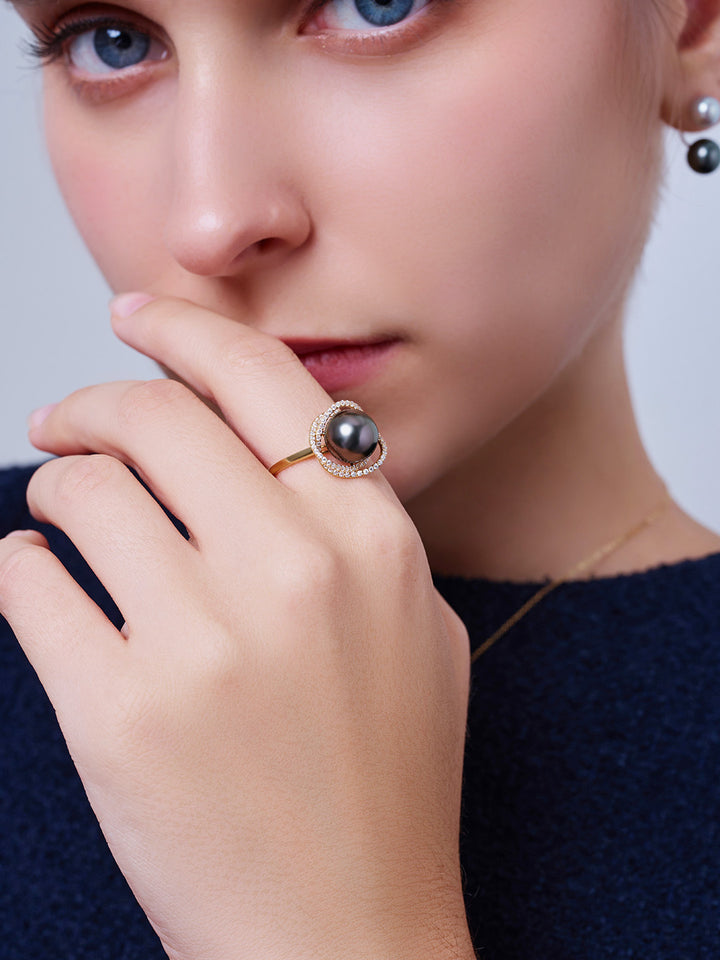 18K Solid Gold Tahitian Pearl Ring KR00144