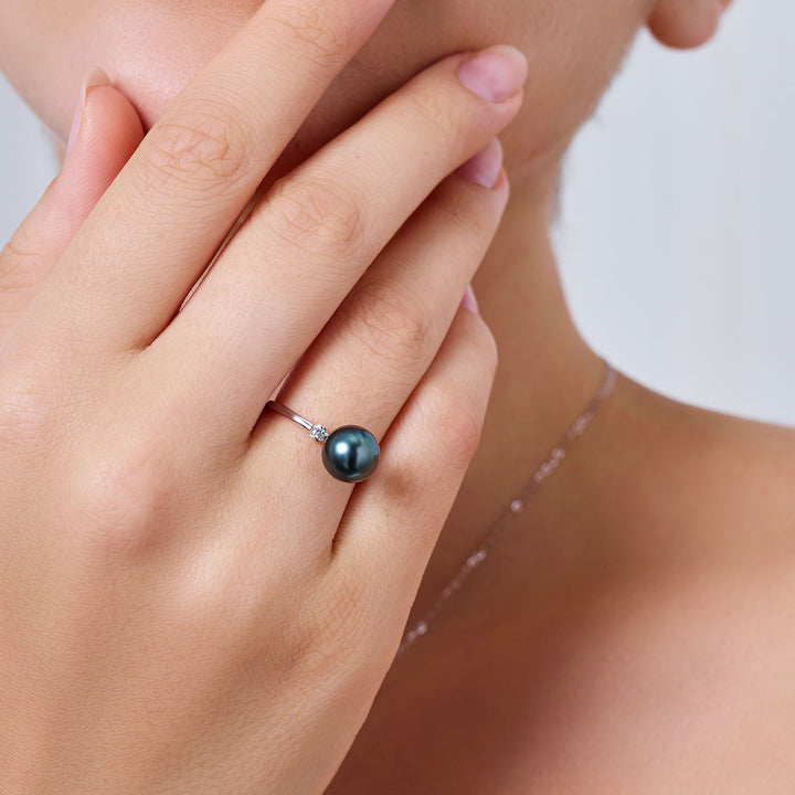 Anillo de perla tahitiana con diamante de 18K KR00147