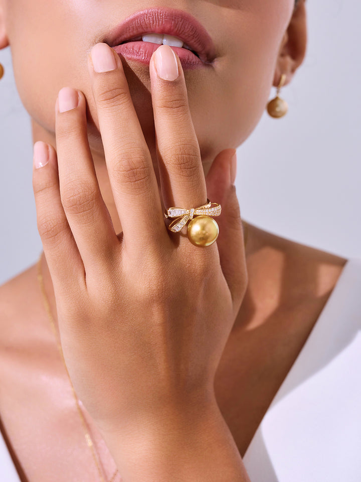 18K Solid Gold South Sea Golden Pearl Ring KR00151 VIP Grade