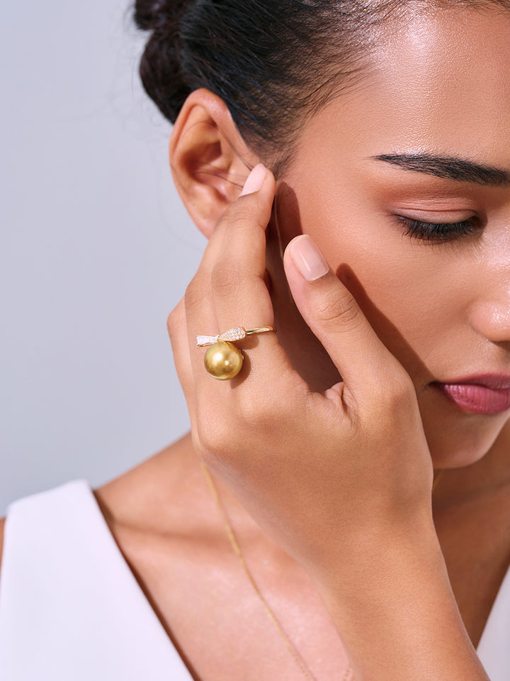 18K Solid Gold South Sea Golden Pearl Ring KR00151 VIP Grade