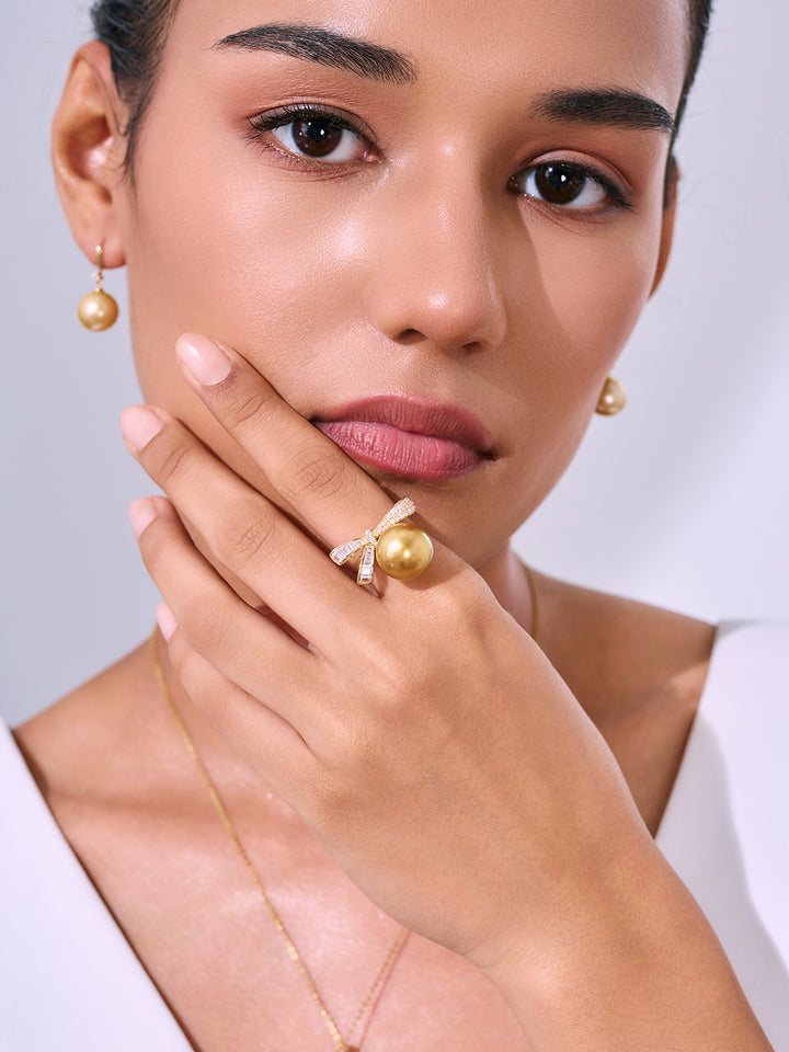 18K Solid Gold South Sea Golden Pearl Ring KR00151 VIP Grade