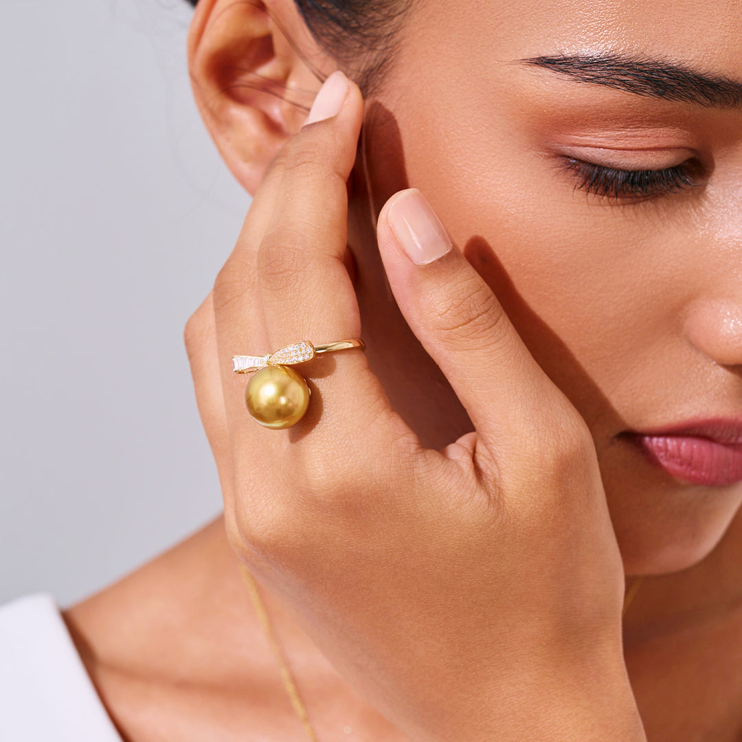 Anillo de perla dorada del mar del sur de oro macizo 18K KR00151