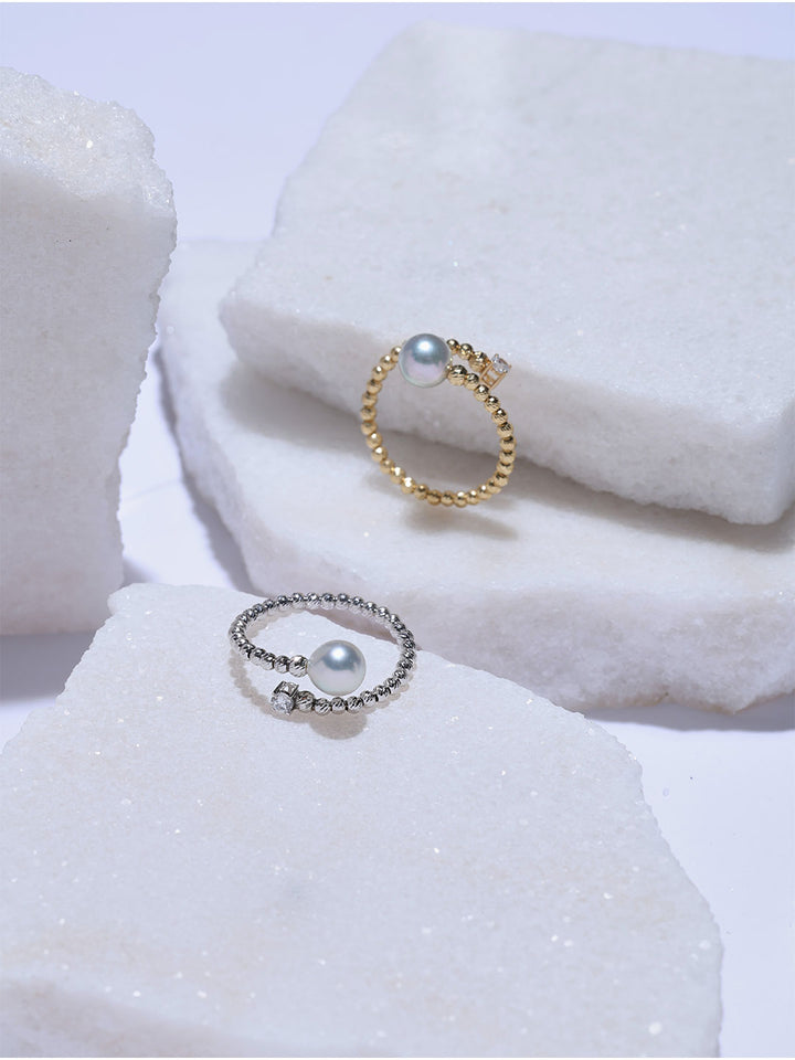Top Lustre 18K Solid Gold Silver Blue Akoya Pearl Ring KR00180