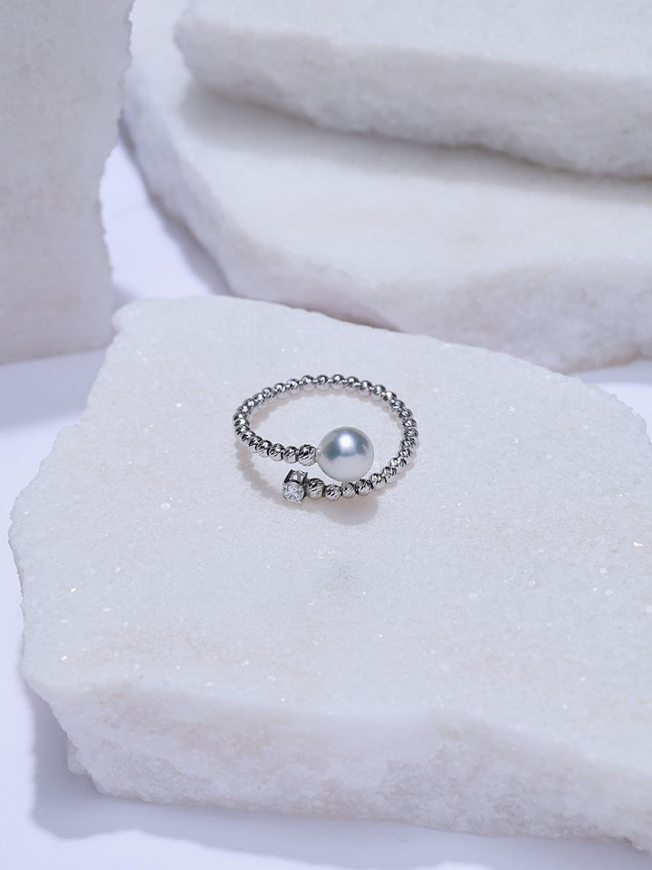 Top Lustre 18K Solid Gold Silver Blue Akoya Pearl Ring KR00179