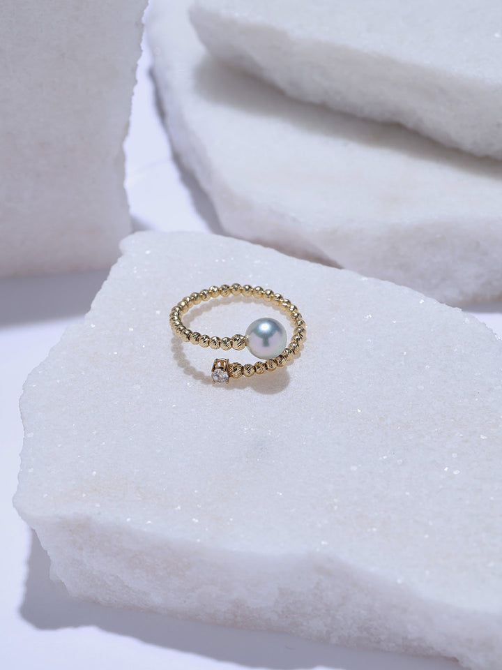 Top Lustre 18K Solid Gold Silver Blue Akoya Pearl Ring KR00180