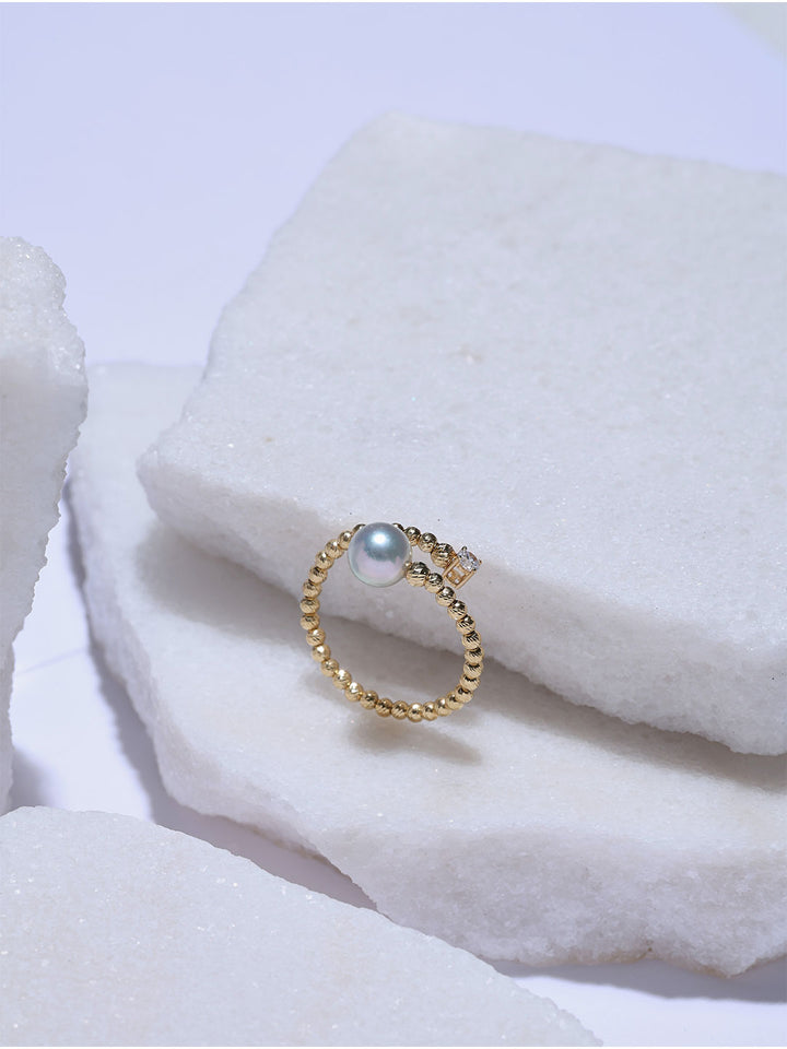 Top Lustre 18K Solid Gold Silver Blue Akoya Pearl Ring KR00180